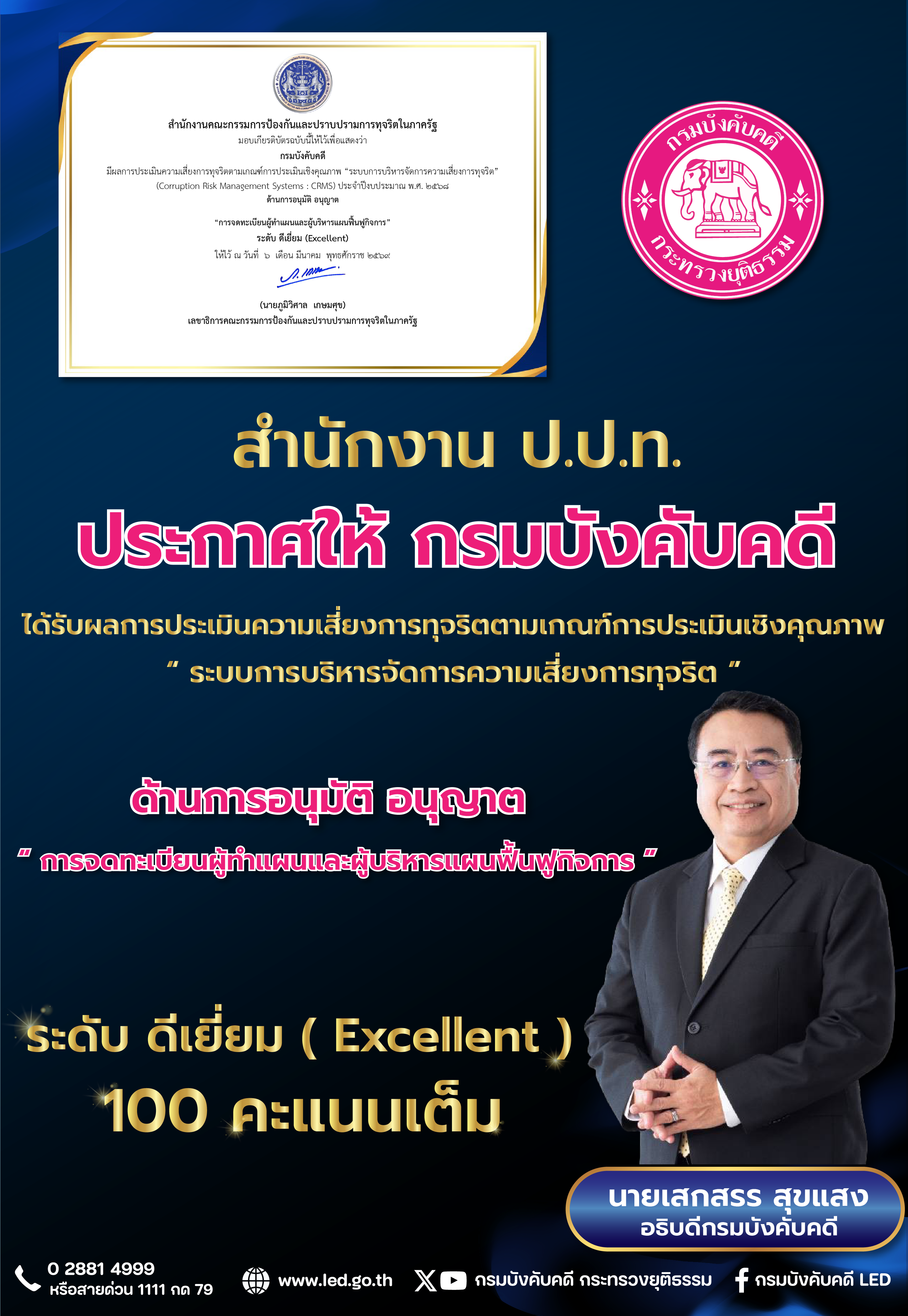 กรมบังคับคดี คว้าผลประเมินความเสี่ยงการทุจริต ประจำปี 2568 ระดับ “ดีเยี่ยม” จากสำนักงาน ป.ป.ท.